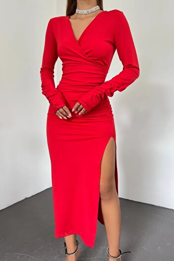 WOMAN VISION Rochie roșie 6031 din țesătură elastică pentru femei, cu guler dublu, cu fante cu mânecă lungă, lungime midi