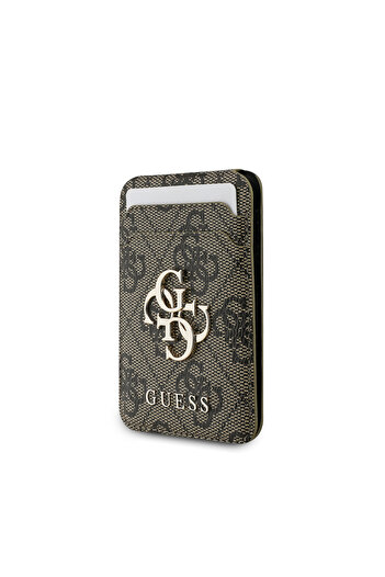 Guess Licensed Pu Leather 4g Pattern Metal Large 4g and Stand Magnetic Card Holder with Text Logo Brown