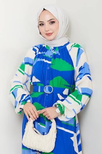 InStyle Φόρεμα με βοτανικό σχέδιο Saks Blue Viscose