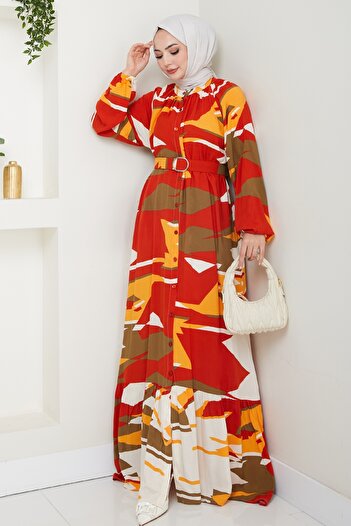 InStyle Botanical Pattern Red Viscose Dress