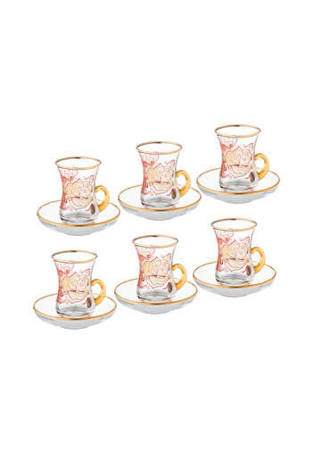 Dania Turkish crystal tea set with gold line and red rose decoration, elegant, consisting of 6 cups and 6 saucers