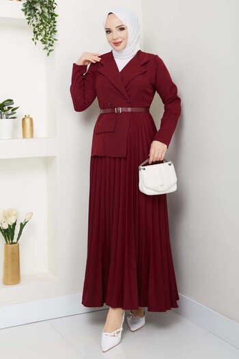 benguen Pleated Dress Burgundy 4747