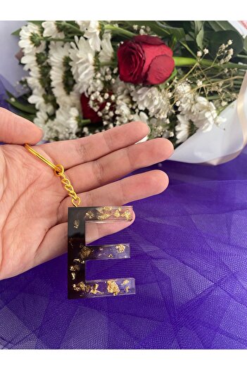 demet art studio E Letter Black-Gold Foil Colored Ring Epoxy Letter Keychain
