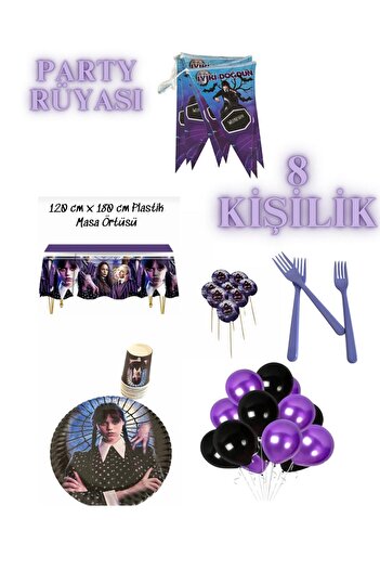 partyrüyası Wednesday Addams Themed Birthday Set for 8 People with Streamers