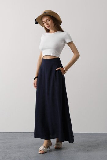 velmorafashion Λινό Φούστα - Ναυτικό Μπλε Ναυτικό Μπλε Γυναικεία / Κορίτσια
