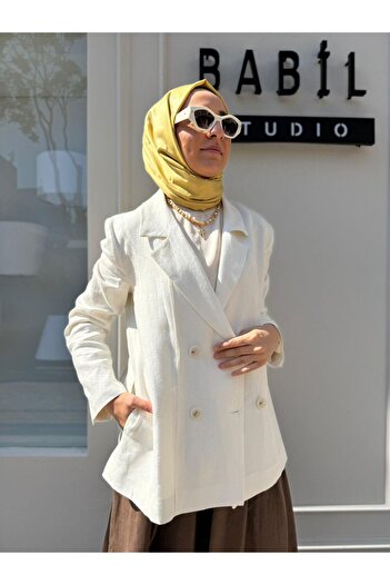 QOOQ STORE 25SS618 Keten Blazer Kadın Ceket Beyaz