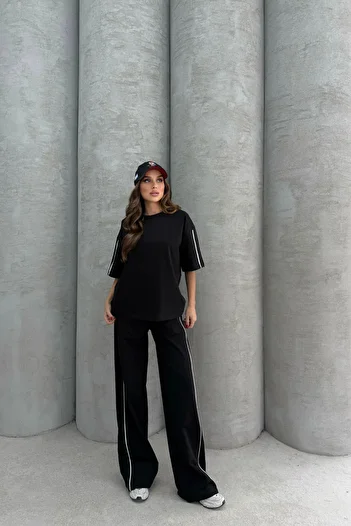Bliss Women's Front Pocket Sleeve Piping Summer Short Sleeve Oversize Fit Bottom Top Tracksuit Set