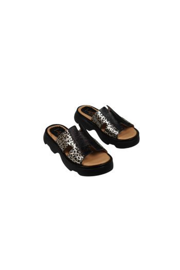Lady Mia Nell Genuine Leather Black Gold Leopard Patterned Women's Slippers
