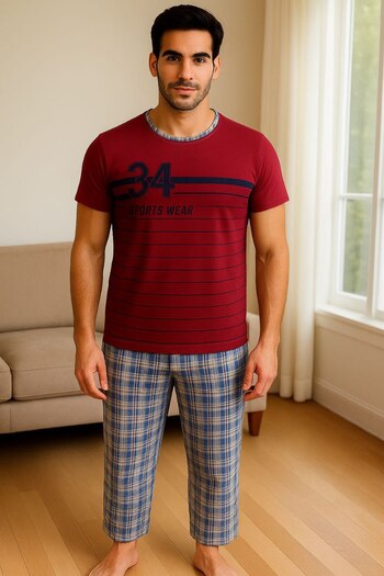 Masal Dünyası Bursa 34 Sports Wear Written Plaid Patterned Short Sleeve Men's Pajama Set (4 Color Options Available)