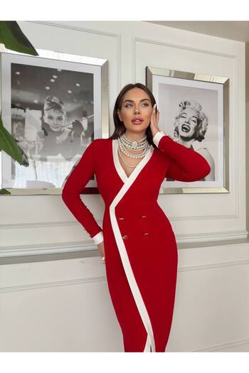 1Moda1Tarz Women's Imported Fabric Jacket Dress with Button Detail and Lining, Including Necklace