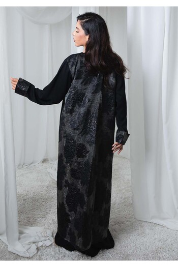 Msquare Fashion Black Nida and Turkey Organza Abaya with Floral Design and Sheila