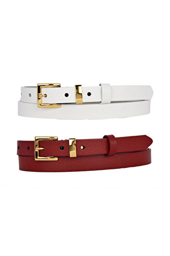 GoDeri 100% Genuine Leather Set of 2 Gold Color Set Buckle 2cm Women's Belt Red, White _ Kare_Gold