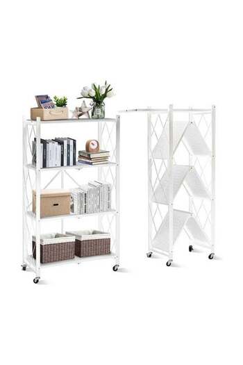Generic 4-Layer Foldable Storage Rack With Wheels, Mobile Utility Trolley, Kitchen Office Organizer, White