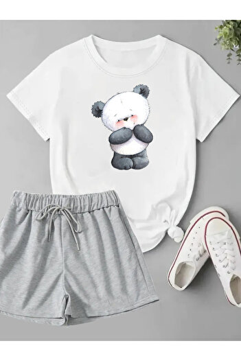 makiteks 2'Li Set Solid Color Women's Regular Shorts and Tshirt T-Shirt Listen Panda