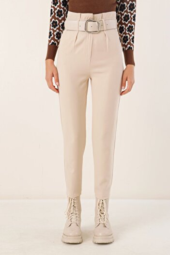 Giyimodam 6556 Belted Fabric Trousers - Cream