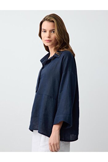 Jimmy Key Relaxed Cut Three Quarter Sleeve Shirt Collar Linen Blouse