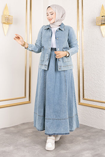 Tesettür Dünyası Pocket Buttoned Skirt Jeans Suit Tsd250184 Light Blue