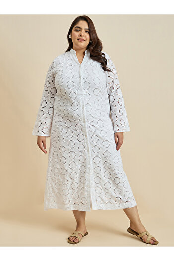 Femmella By Styli Textured Cotton Schiffli Shirt Maxi Dress