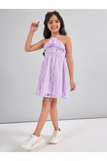 Stylo Bug By Styli Self Design Halter Neck A-Line Dress with Pompom Detail