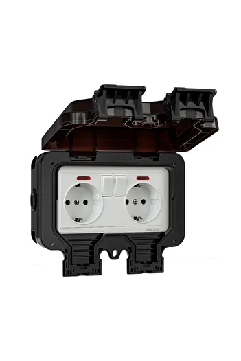 INNOVIX Priză dublă de exterior, IP66, 250V 16A, standard UE, neagră, cu întrerupătoare individuale