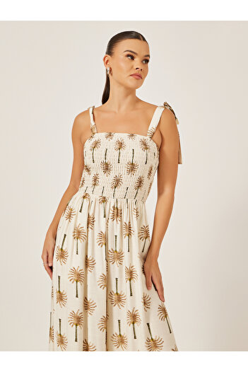 Styli Beige Palm Tree Print Wide Leg Jumpsuit