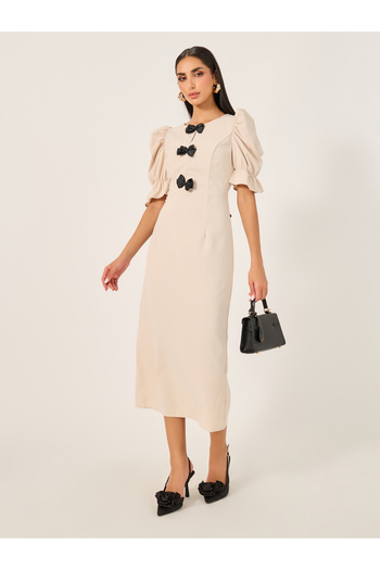 Take Two By Styli Plain Puff Sleeve Sheath Midi Dress with Bow Accent