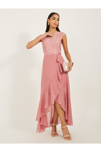 Take Two By Styli Lace Ruffled Asymmetric Hem A-Line Midi Dress