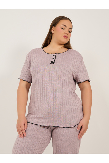 Styli Plus Size Rib Knit Round Neck Top and Pyjama Set