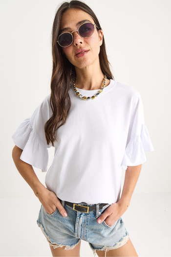 Bianco Lucci Women's Ruffled Sleeves Crew Neck Cotton T-Shirt 60602074