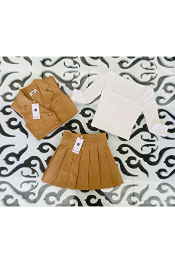 Marka Sensin Kids Girl's Special Design Fabric Covered Button Detailed Padded Vest White Badi Pleated Skirt 3-Piece Set