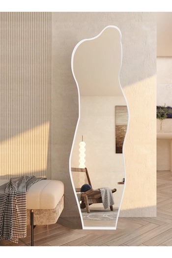 Raffine Modern Full Length Mirror Standing Wall Large Floor Mirror Wood Frame Wavy Mirror White 40 x 150 cm