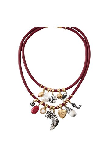 neslyaccessories Red Leather Necklace with Double Fish Charm Detail – Gold and Silver Mixed Figure Design