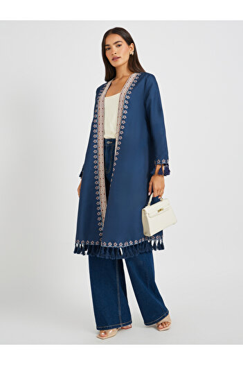 Styli Embroidered Midi Length Kimono with Tassel Trim