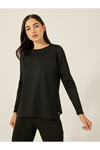 Styli Mesh Insert Side Slit Long Sleeve Top