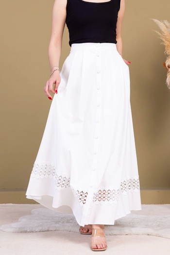 lodmela Lace Detailed Pleated Cotton Skirt 6025-White