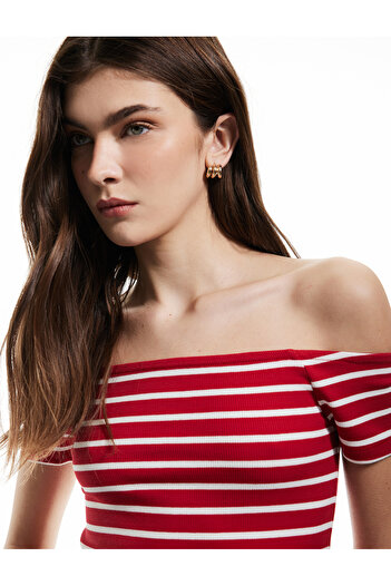 Koton Cotton Short Sleeve Off-The-Shoulder Striped Madonna Collar T-Shirt