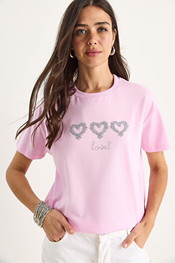 Bianco Lucci Γυναικείο αξεσουάρ Stoned Heart Regular Fit βαμβακερό μπλουζάκι 60602069