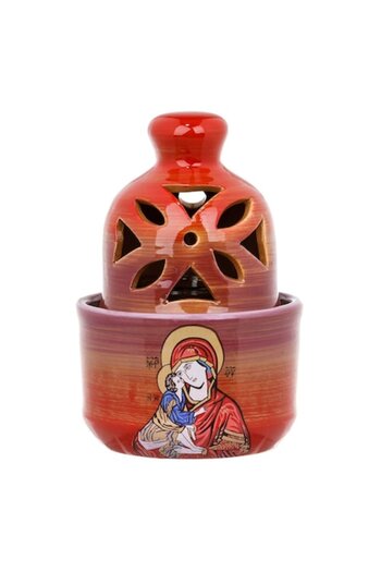 OEM Ceramic Candle, Model Saint Mary with Baby, Glass Holder, Perforated Lid, Red