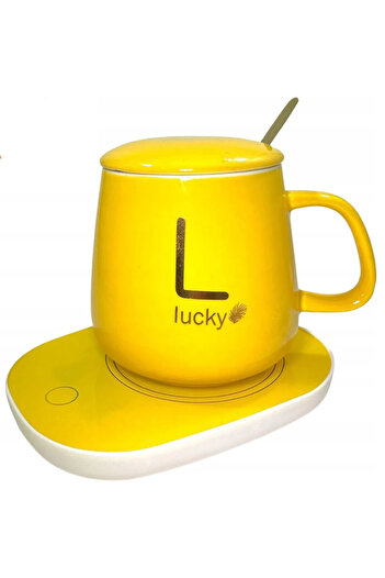 ABYZ Ceramic heated mug set, 350ml, elegant design with gold 'Lucky' writing and vibrant yellow color
