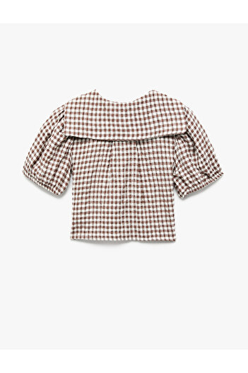 Koton Shirt Collar Balloon Sleeves Ribbon Detail Gingham Crop Blouse