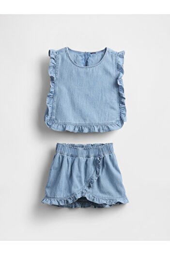 GAP Kız Bebek Mavi Denim Volanlı Şort Etek Takımı