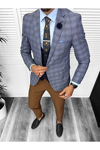 dehaine Sacou pentru barbati, slim fit, in carouri, 678, albastru