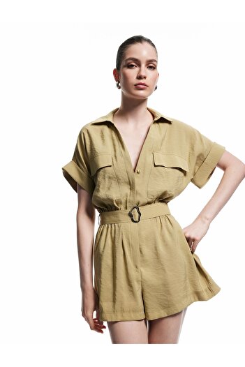 Koton Belted Pocket Shirt Collar Short Sleeve Modal Fabric Shorts Jumpsuit