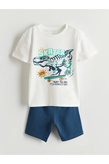 LC Waikiki Lcw Kids Ecru Dinosaur Printed Boys' T-Shirt and Shorts Pack of 2