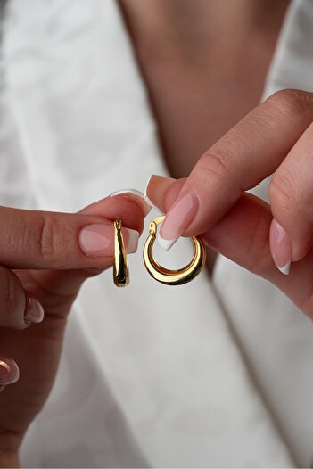 Nereze 925 Ayar Gümüş Gold Rengi Sade 15 mm Şarnel Küpe