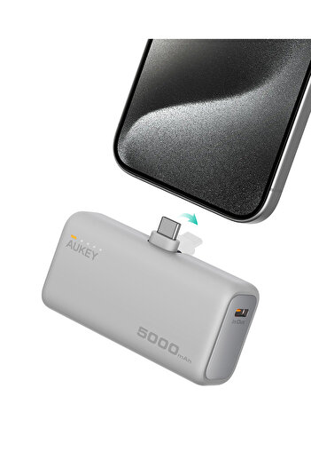 AUKEY 20W PD، 5,000mAh, Portable Power Bank with Built-in foldable USB-C Port, White.