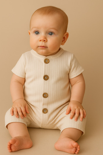 Bubito Short Sleeve Wooden Button Cotton Summer Jumpsuit-Beige