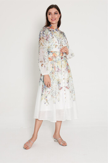 IKKXA Belted Flower Pattern Mid Length Dress
