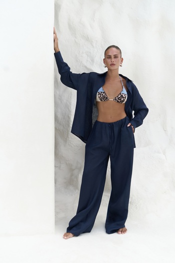 BOHEMAİ Jelsomina Oversize Navy Blue Linen Shirt Trousers Set