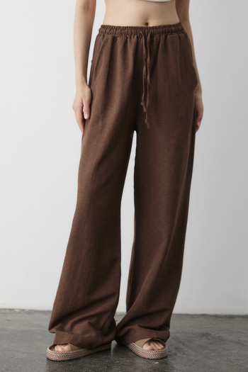 Laluvia Brown Cotton Linen Trousers with Elastic Waist - 3490